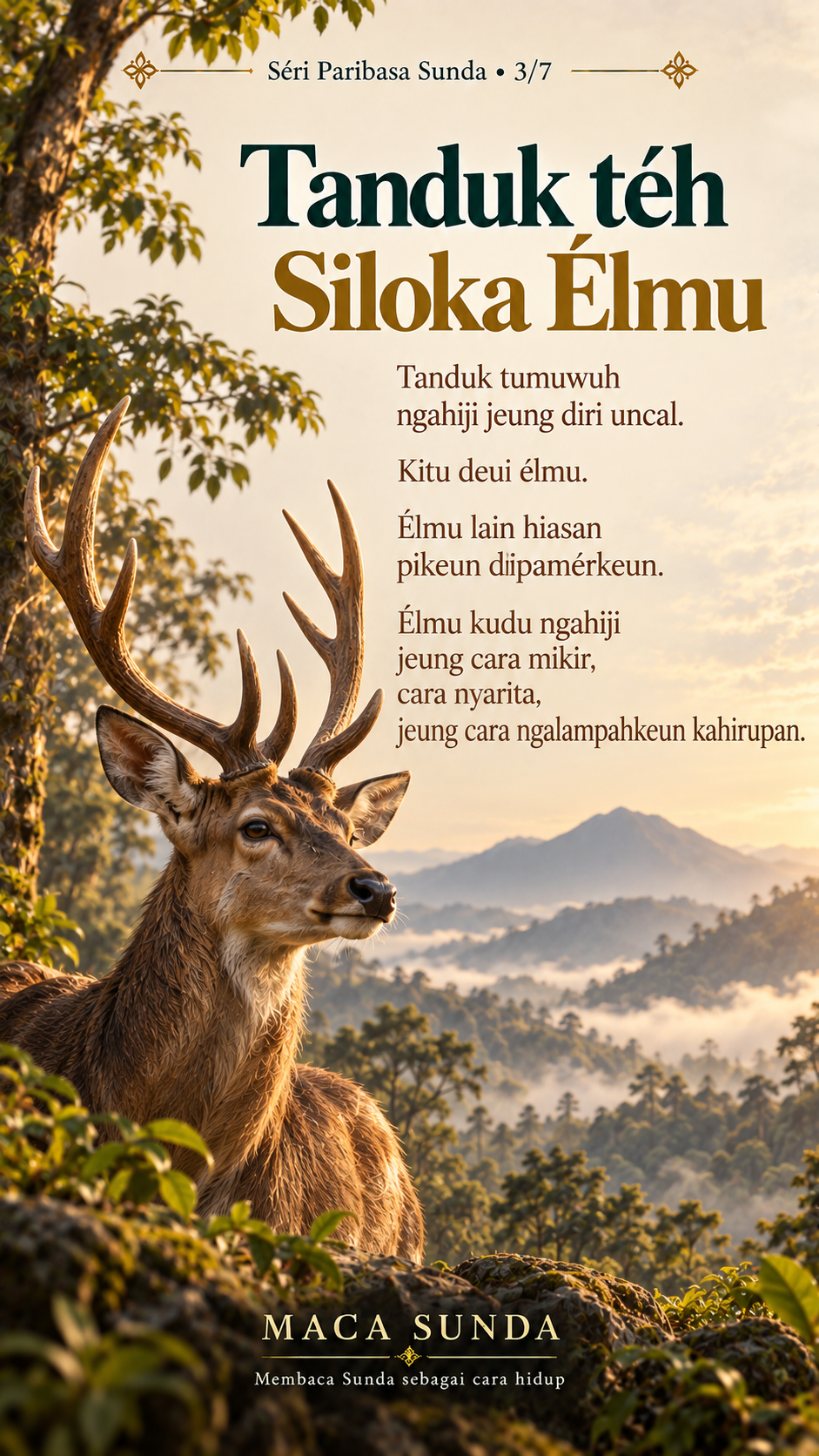 Poster Maca Sunda: tanduk rusa di leuweung jeung catetan ngeunaan élmu nu ngahiji jeung kahirupan.
